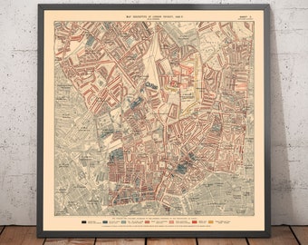 May include: A vintage map of London, England, showing the areas of poverty in 1900. The map is divided into different colors, each representing a different level of poverty. The map is titled "Map Descriptive of London Poverty, 1900." and is labeled "Sheet 1."