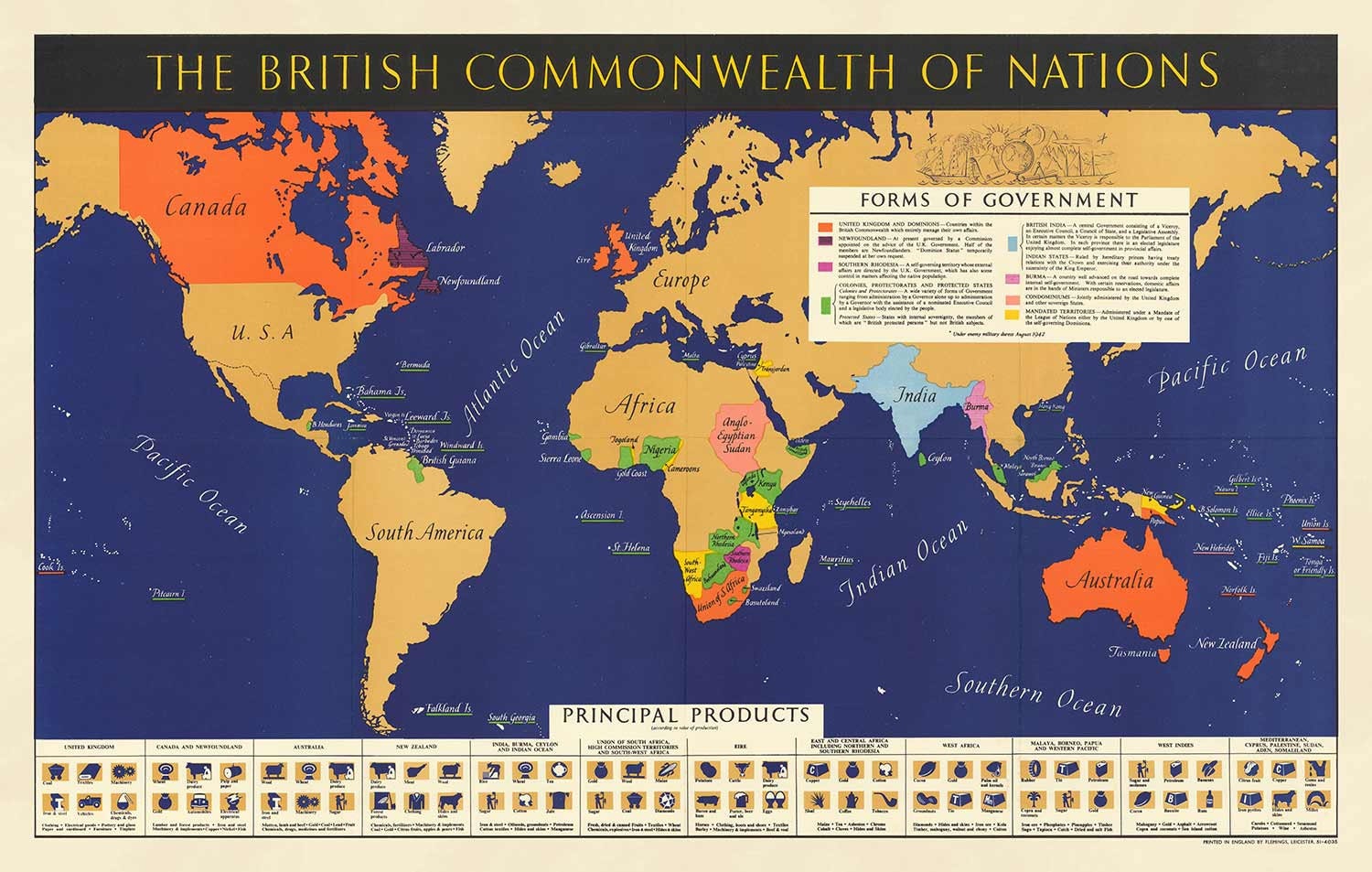 古いイギリス連邦世界地図、1942年 - 大英帝国、イギリス、カナダ