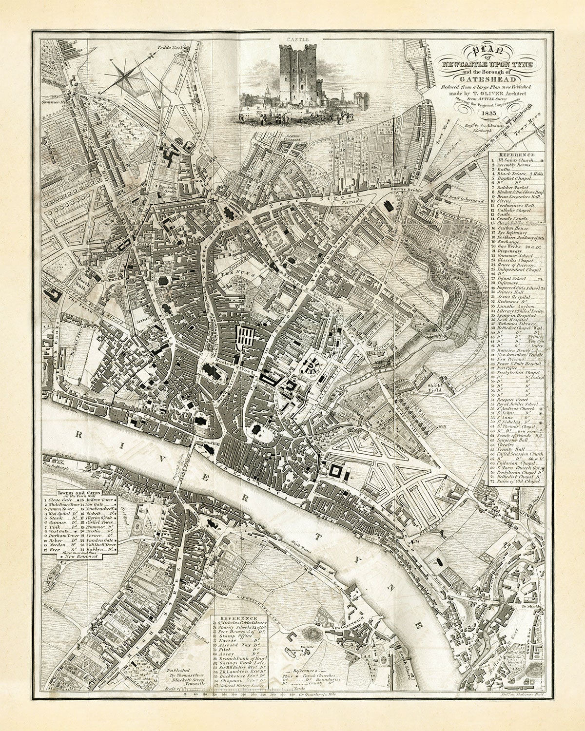 Old Map of Newcastle Upon Tyne and Gateshead by Thomas Oliver Etsy UK