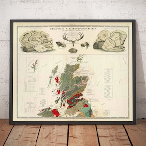 Ancienne carte géologique de l'Ecosse en 1854 par A.K. Johnston - carte géologue, cartes des fossiles, carte murale paléontologique - cadeau encadré, sans cadre