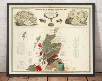 Old Geology Map of Scotland in 1854 by A.K. Johnston - Geologist Map, Fossil Maps, Paleontology Wall Chart - Framed, Unframed Gift