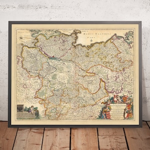Old Map of Lower Saxony by Visscher, 1690: Hamburg, Berlin, Bremen, Hanover, Mecklenburg Elbe Valley