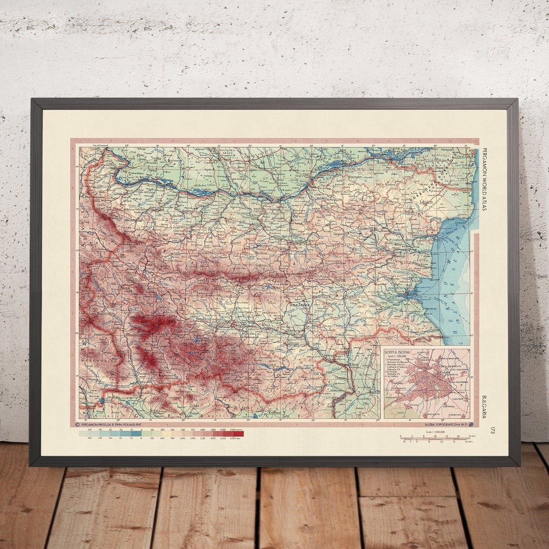 Old Map of Bulgaria, 1967 Sofia, Detailed Political and Physical