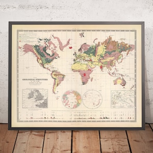 Old Geological World Map by AK Johnston 1856: Early Geology, Mountains, Volcanoes, Pre-Plate Tectonics