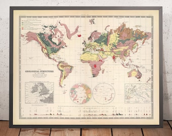 May include: A vintage world map showing the geological structure of the globe. The map is color-coded to show different geological formations, including sedimentary, metamorphic, and igneous rocks. The map also includes a key that explains the different colors and symbols used.