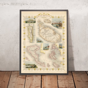 Old Map of British Possessions in the Mediterranean by Tallis & Rapkin 1851: Gibraltar, Malta, Cyprus, Heligoland, Ionian Islands