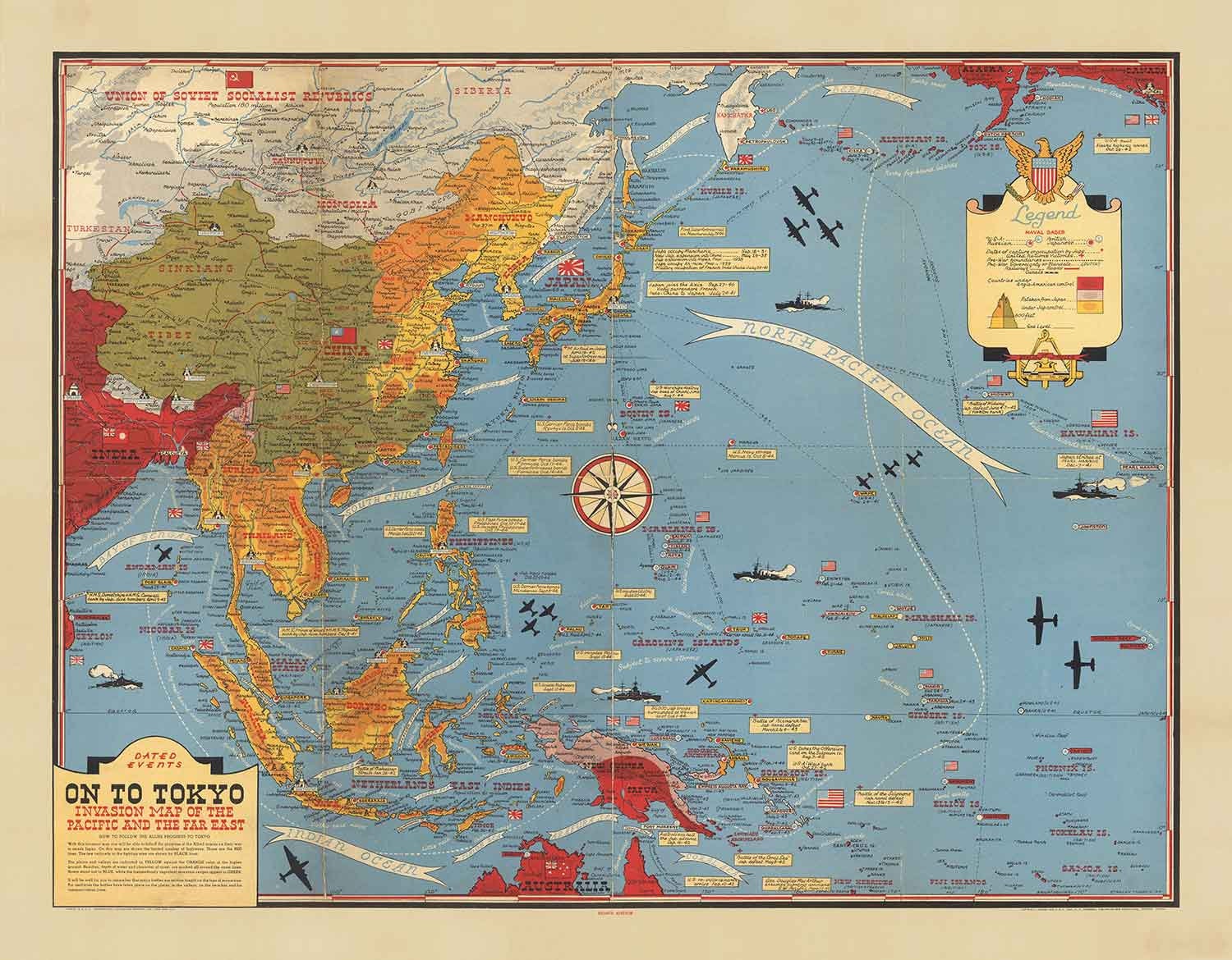 Old World War 2 Map of the Pacific and Tokyo in 1942 by Stanley Turner ...