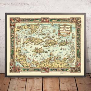 Old Pictorial Map of the Caribbean, 1936: Havana, Nassau, Kingston, Gulf of Mexico