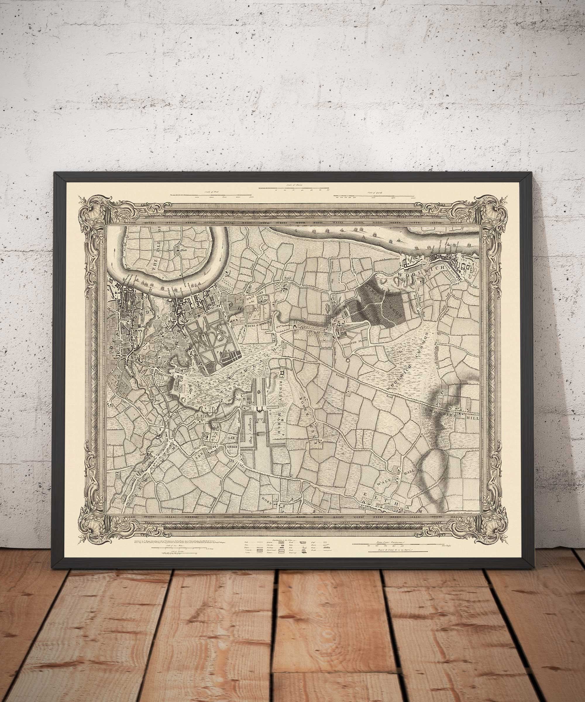 Old Map of South East London in 1746 by John Rocque - Lewisham, Woolwich, Greenwich, Eltham, Deptford, SE8, SE14, SE10, SE7, SE3, SE4, SE13
