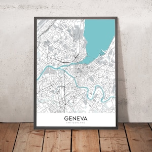 May include: A black and white map of Geneva, Switzerland, with a blue lake and river. The city name "Geneva" and "Switzerland" are printed below the map.