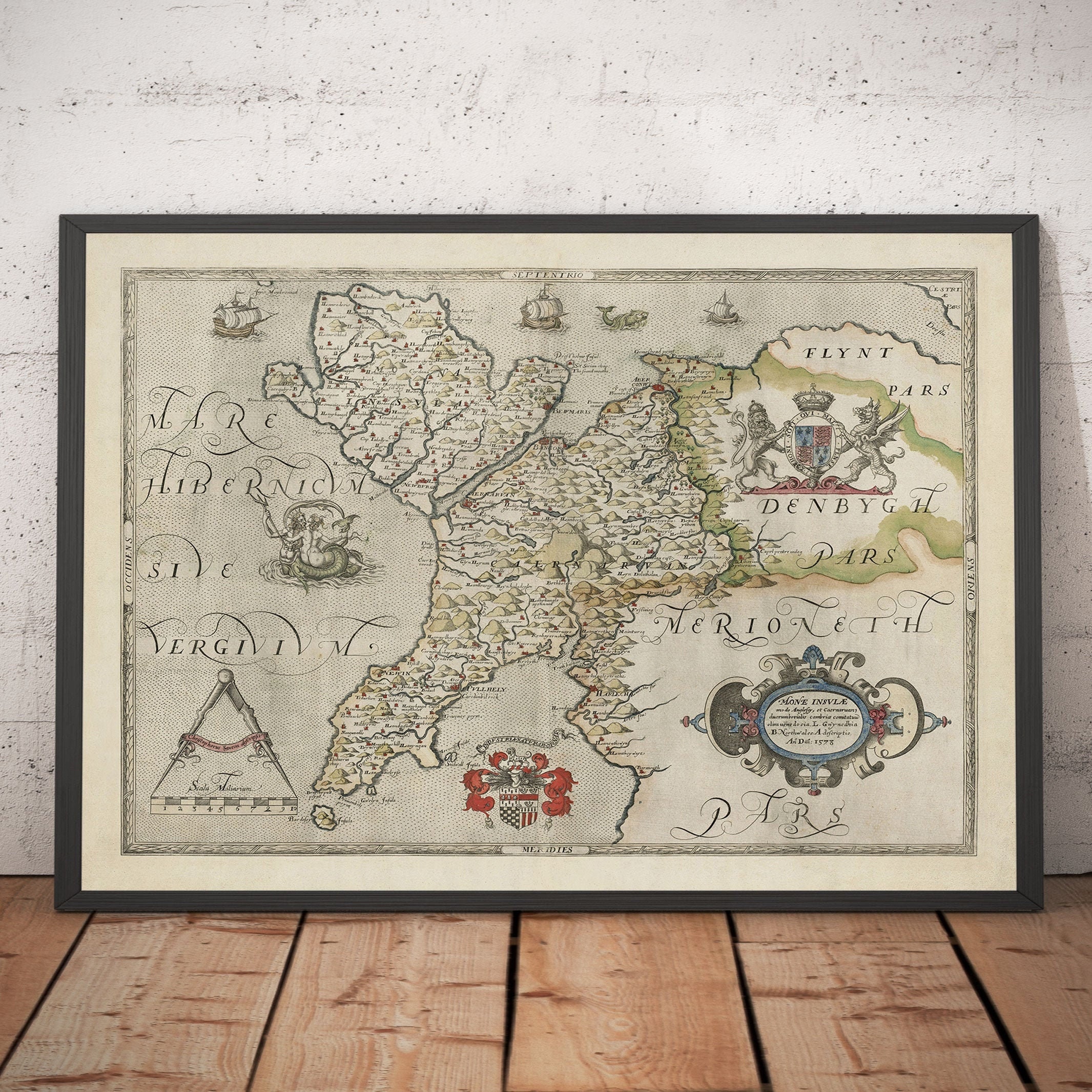 First Map of Anglesey & Gwynedd, 1577 - Old Map by Christopher Saxton - Bangor, Holyhead, Conwy, Caernarfon, Llandudno - Framed, Unframed