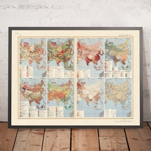 Può includere: Una mappa vintage dell'Asia che mostra diverse caratteristiche geografiche, tra cui la vegetazione, la densità di popolazione e le reti di comunicazione. La mappa è divisa in sei sezioni, ognuna delle quali si concentra su un aspetto specifico dell'Asia. La mappa è stampata su uno sfondo blu chiaro con colori marroni, verdi e rossi.