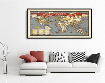 Tea World Map, 1940 - Rare Old Vintage Wall Chart by Macdonald Gill - Personalised Gift For Tea Drinkers - Framed or Unframed