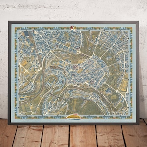 Old Pictorial Map of Luxembourg City by Bollmann, 1961: Adolphe Bridge, Grand Ducal Palace, Notre-Dame Cathedral, Municipal Park, Alzette