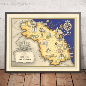 May include: A vintage illustrated map of the Marche and San Marino regions of Italy. The map is in a yellow, blue, and white color scheme and features various landmarks and symbols. The title "Marche e San Marino" is written in a decorative font.