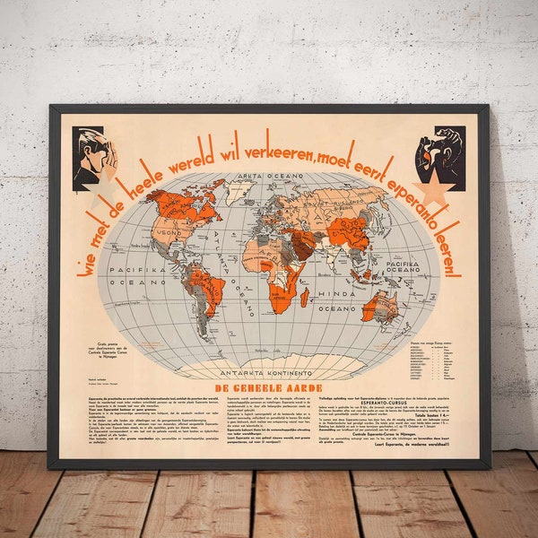 Old Esperanto World Map, 1930 - International Auxiliary Language Atlas Chart - Esperantujo, Esperantists - Framed, Unframed