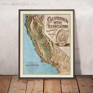 Old Topographical Wine Map of California, 1903: LA, SF, Napa, Sonoma, Pacific