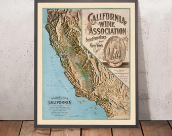 Könnte beinhalten: Vintage-Karte von Kalifornien mit einer topografischen Ansicht des Bundesstaates. Die Karte trägt den Titel "Topographical Map of California" und den Text "California Wine Association, San Francisco and New York".