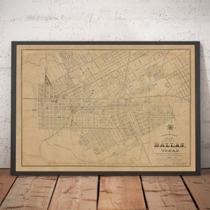 Mapa antiguo de Dallas, Texas, 1878, de Jones y Murphy: plano de la ciudad, calle principal, Ellum, centro, distrito artístico, Bryan Place. Regalo enmarcado y sin marco.
