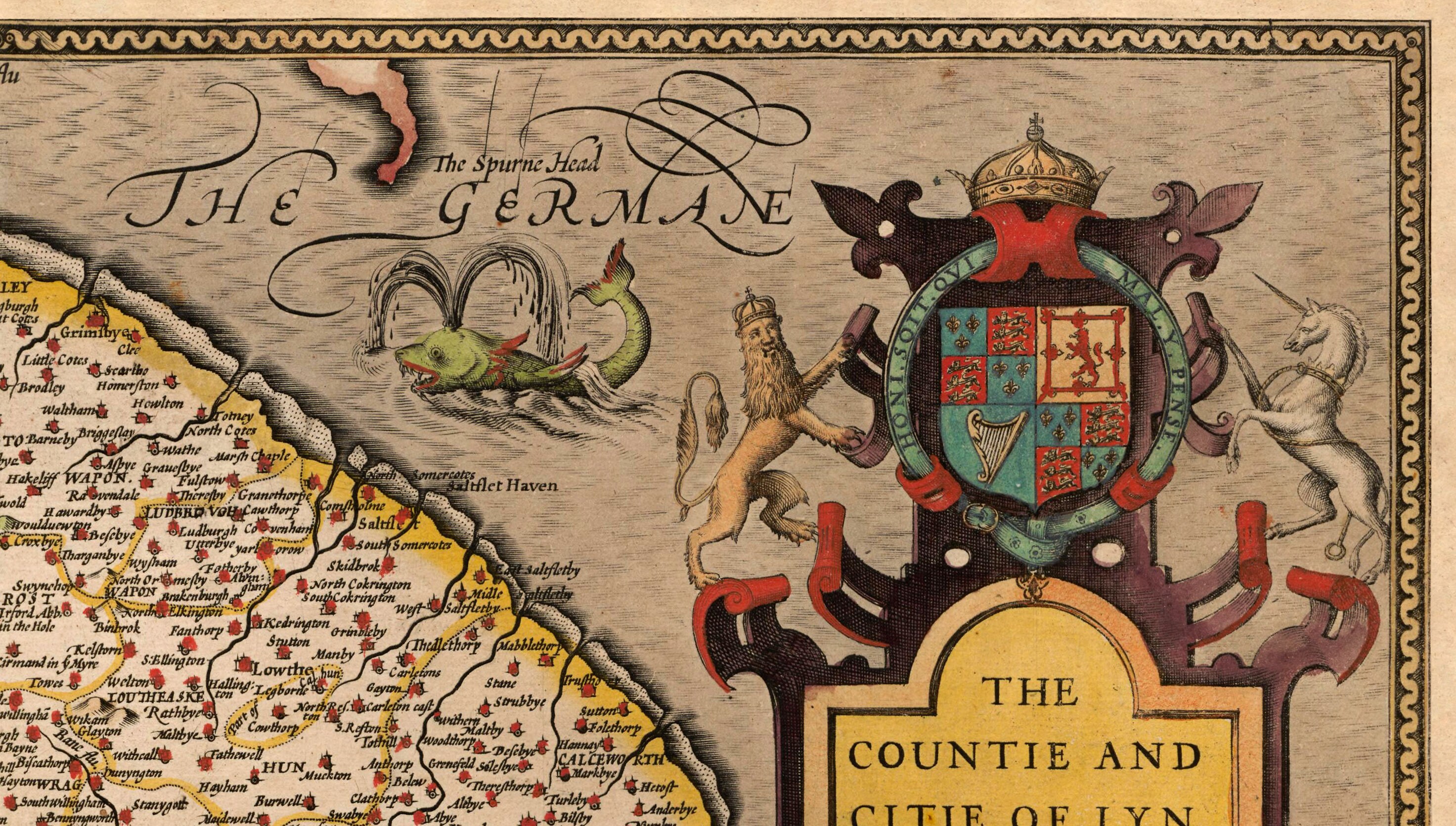Old Map of Lincolnshire in 1611 by John Speed - Lincoln, Grimsby