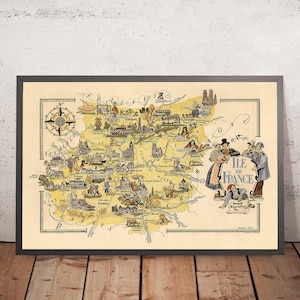 Old Pictorial Map of Ile de France by Liozu, 1951: Paris, Versailles, Notre-Dame, Fontainebleau, Chartres