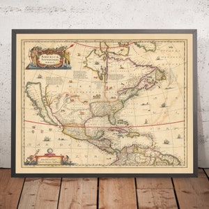 Old Map of North America by Visscher, 1690: Central America, Caribbean, Mexico City, Washington, Bermuda Triangle