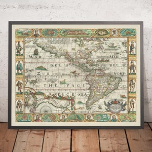 Old Map of America by Walton, 1658: California as Island, Mythical Strait, Carte-à-Figures Style