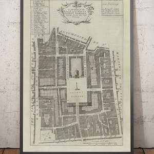 Old Map of Covent Garden, 1720 by Strype Stow - London, St Paul's Church, King Street, Strand, West End - Framed, Unframed Gift