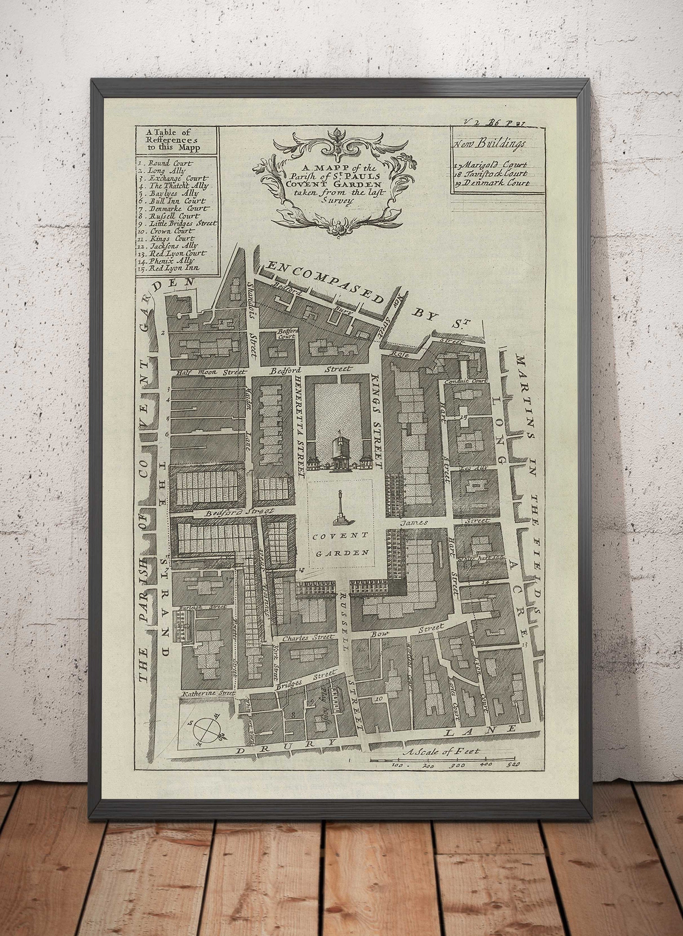 Old Map of Covent Garden, 1720 by Strype Stow - London, St Paul's Church, King Street, Strand, West End - Framed, Unframed Gift