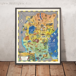Old Pictorial Map of East Africa by McKenzie, 1961: Nairobi, Serengeti, Tsavo, Kilimanjaro, Victoria