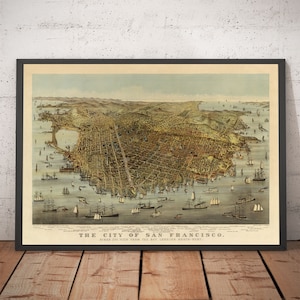 Old Map of San Francisco in 1878 - Birds Eye, Bay Area, Golden Gate, Gold Rush, Mission Bay, North Beach - Handcoloured Framed, Unframed