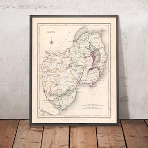 Old Map of County Down by Samuel Lewis, 1844: Belfast, Bangor, Newtownards, Holywood, and Strangford