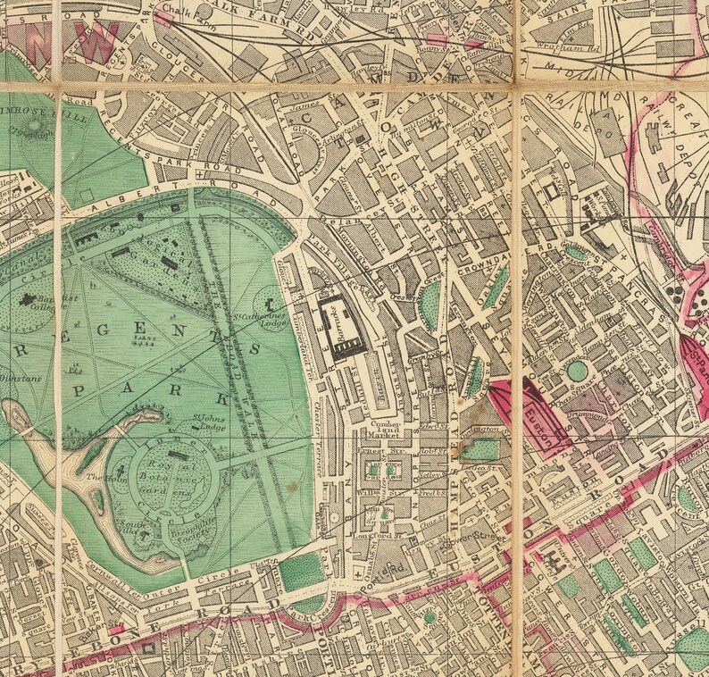 Big Old Map of London by Bacon, 1890 - Rare Folding Wall Chart of Victorian England - Postcodes, Train Stations, Parks - Framed or Unframed image 7
