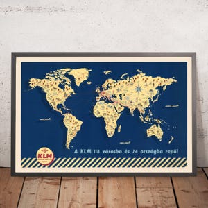 Old World Map of KLM’s Airway Flight Routes, 1955: 118 Routes, 74 Countries, Pictorial Landmarks