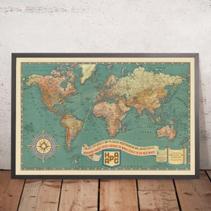May include: A vintage world map with a teal background and brown landmasses. The map shows ocean routes and includes the text "CRUISES FOR HEALTH AND PLEASURE MEDITERRANEAN AND ORIENT CRUISES NORTHERN CRUISES CRUISES AROUND THE WORLD CRUISES TO THE WEST INDIES" and the logo "H.A.P.A.G."