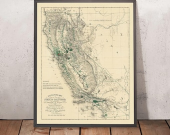 1891年のカリフォルニア州地図、高解像度プリント最大24x36インチ（61