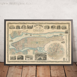 Rare Old Large Map of New York City by Phelps, 1857: Central Park, Hudson River, Old Illustrations