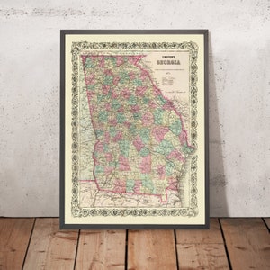 Old Map of Georgia by J.H. Colton, 1871: Savannah, Augusta, Columbus, Macon, and Athens