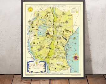 Old Pictorial Map of East Africa by Mathews, 1949: Serengeti, Kilimanjaro, Kenya, Tanzania, Uganda