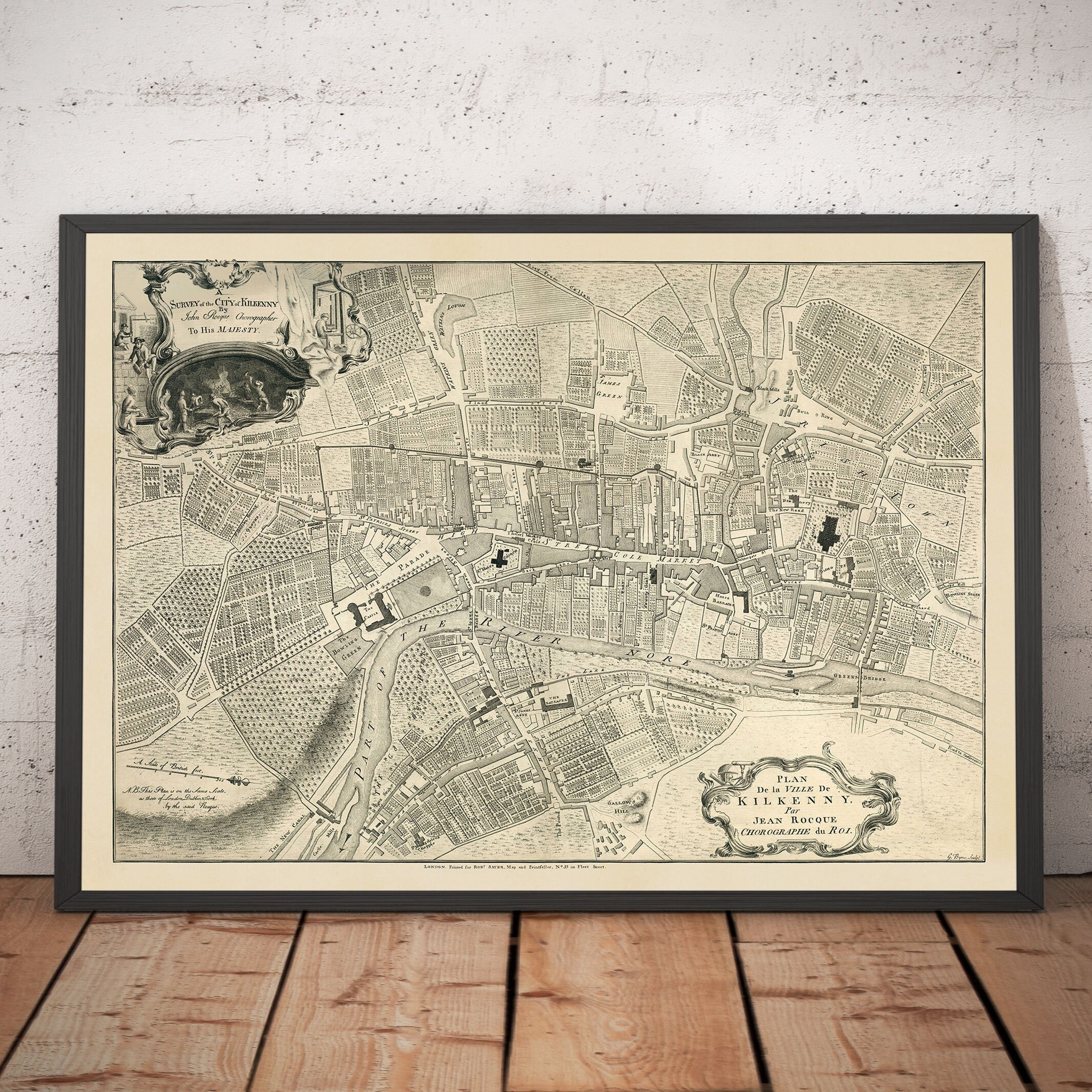 Old Map of Kilkenny by John Rocque in 1758 - River Nore, High Street, Gallow's Hill, Saint Patrick's Street - Framed, Unframed