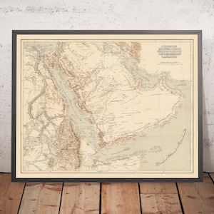 Old Arabic Map of Arabian Peninsula by the Ottoman Army, 1897: Saudi Arabia and Iraq, Persian Gulf, UAE, Dubai, Red Sea