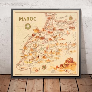 Old Map of Morocco by Theophile-Jean Delaye in 1950 - Casablanca, Rabat, Fes, Marrakesh, Tangier