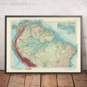 Old Map of Northern South America, 1967: Amazon River and Basin, Andes Mountains, Panama Canal, Caribbean