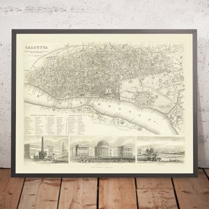 Old Map of Calcutta (Kolkata), 1840: Fort William, Government House, Esplanade Row, Maidan, Howrah Bridge