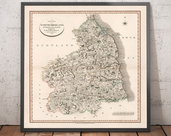 Vecchia mappa del Northumberland nel 1801 di John Cary - Newcastle, Belford, Hexham, Haltwhistle, Durham