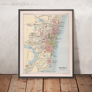 Old Map of Madras (Chennai), 1893: City Centre, Fort St. George, Marina Beach, Mylapore Temple