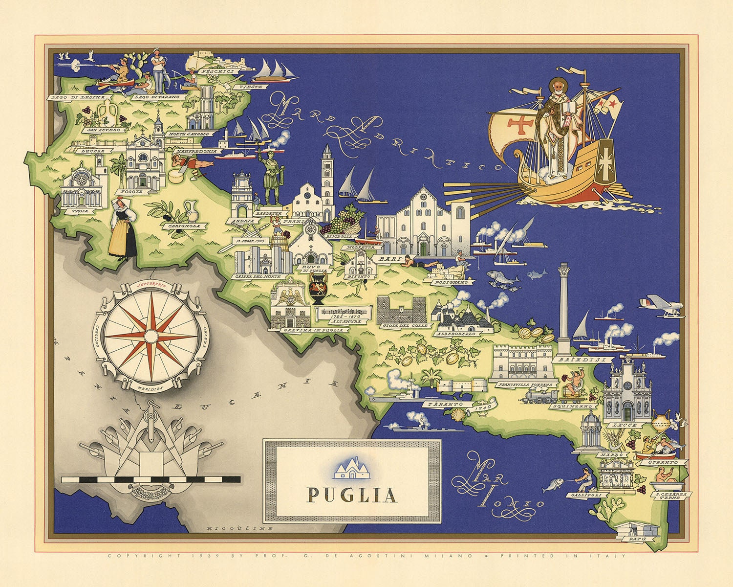 Old Pictorial Map of Apulia by De Agostini, 1938: Bari, Brindisi ...