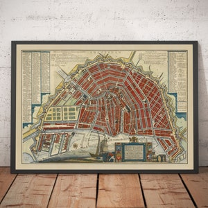 Alte Karte von Amsterdam im Jahre 1766 von Frederik Willem Greebe - Die Amstel, Die Alte Kirche, Nieuwevaart, der Königliche Palast, Lastage