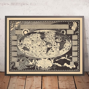 Old Historical Seafaring World Map by Turpin, 1935: Famous Ships, Sea Monsters