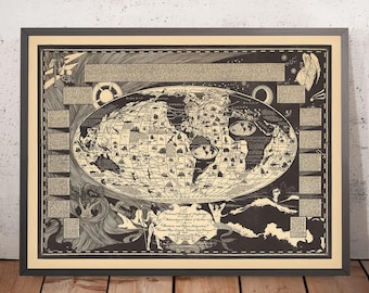 May include: A black and white vintage map of the world with a detailed illustration of the continents and oceans. The map is surrounded by a border of text and illustrations. The text includes the words "A Pictorial History of Geography, Astronomical Chart of the Star, Manners and Customs of the People, and the Wonders of the World."